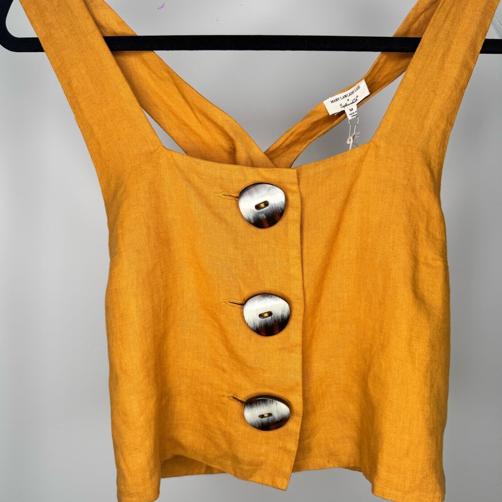 NWT Mary Lawless Lee X Splendid 100% Linen Mustard Button-Front Women's Top